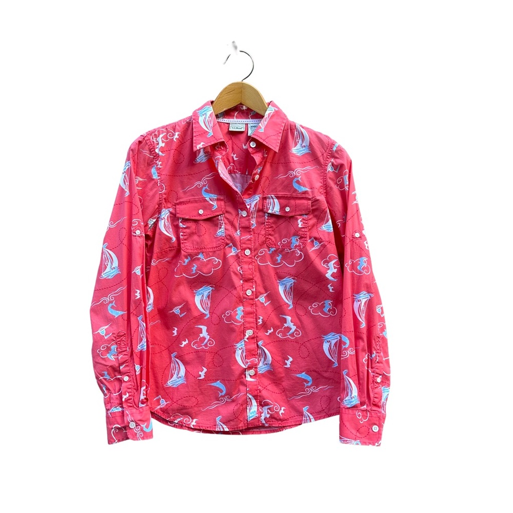 LL Bean Sailboat Blouse S Small Roll Tab Sleeve Women Fishing Seagull Marlin